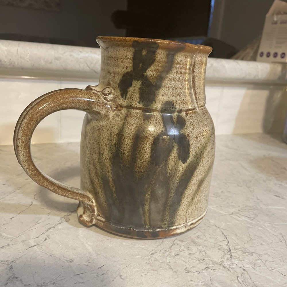 Heavy Pottery Pitcher. Signed By Maker. With Iris Flowers.