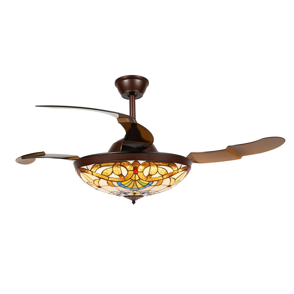 Tiffany Style 42" Chandelier Retractable Blade Ceiling Fan Light Remote Control