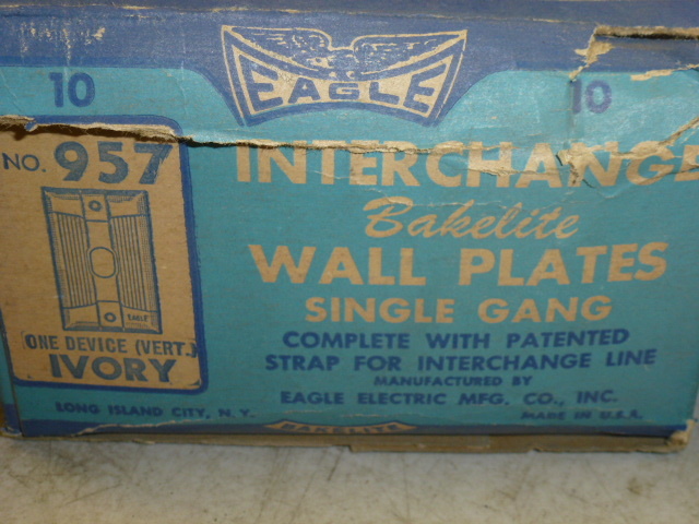 NOS (2) EAGLE INTERCHANGE SINGLE GANG IVORY RIBBED BAKELITE WALL PLATE, VERTICAL