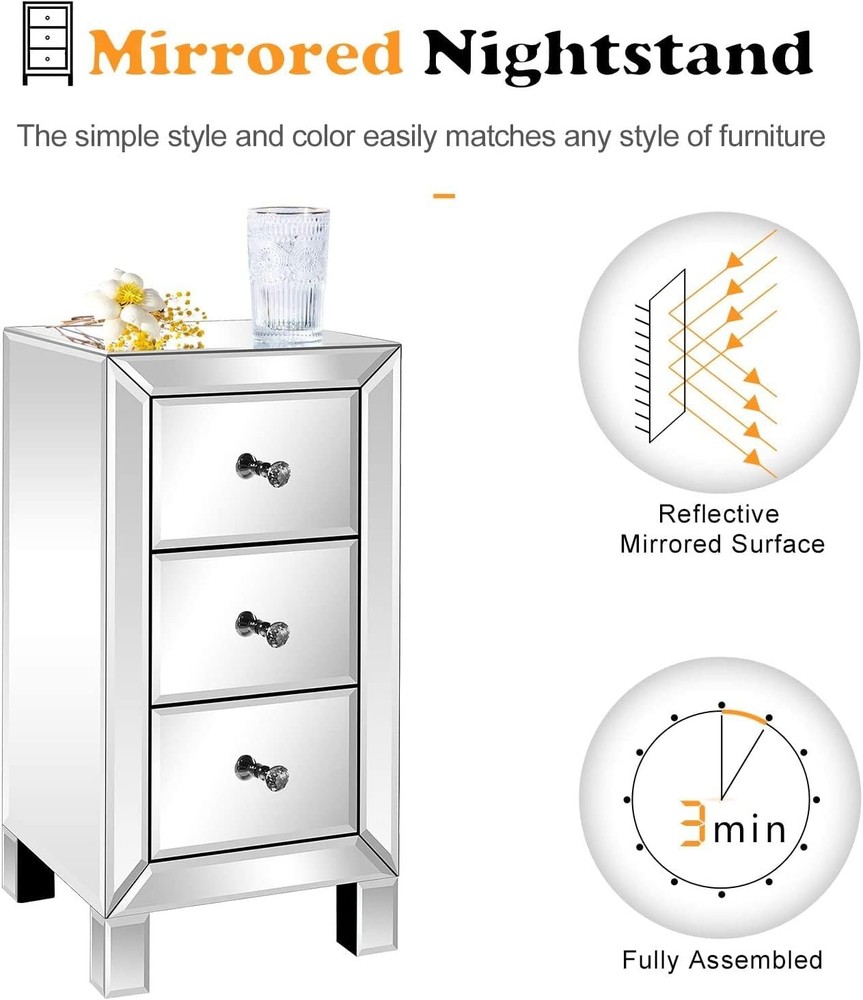 3-Drawer Mirrored Nightstand Set of 2, End Table, Bedside Table, bed sets