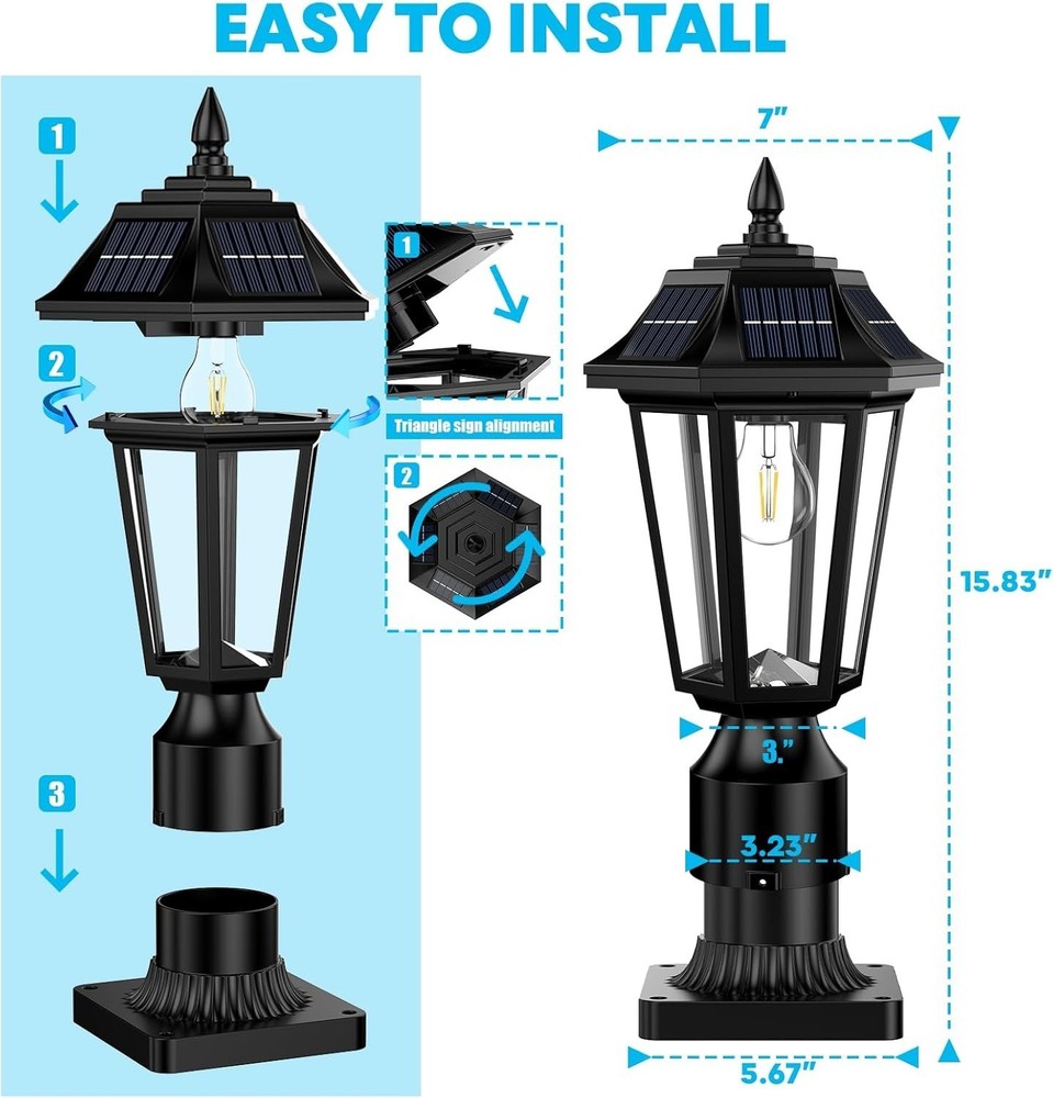 Solar Post Lights, Dusk to Dawn Solar Lamp Post Light with Pier Mount Base