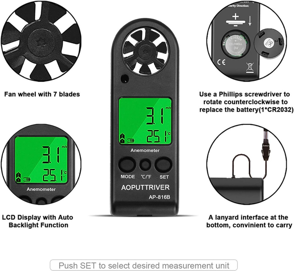 Anemometer Handheld Wind Speed Meter for Measuring Wind Speed Temperature and Ma