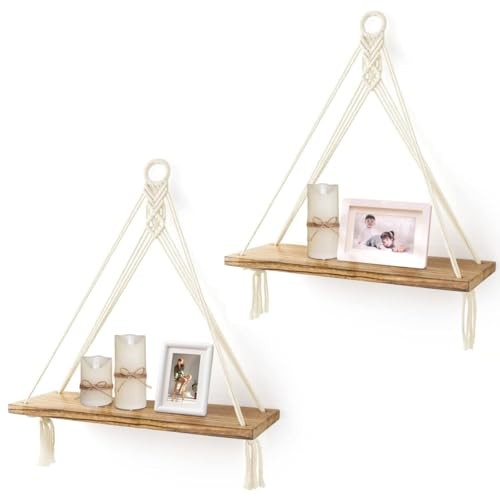 2 Pack Hanging Shelves,Boho Decor Wall Hanging Shelf,Floating Storage White