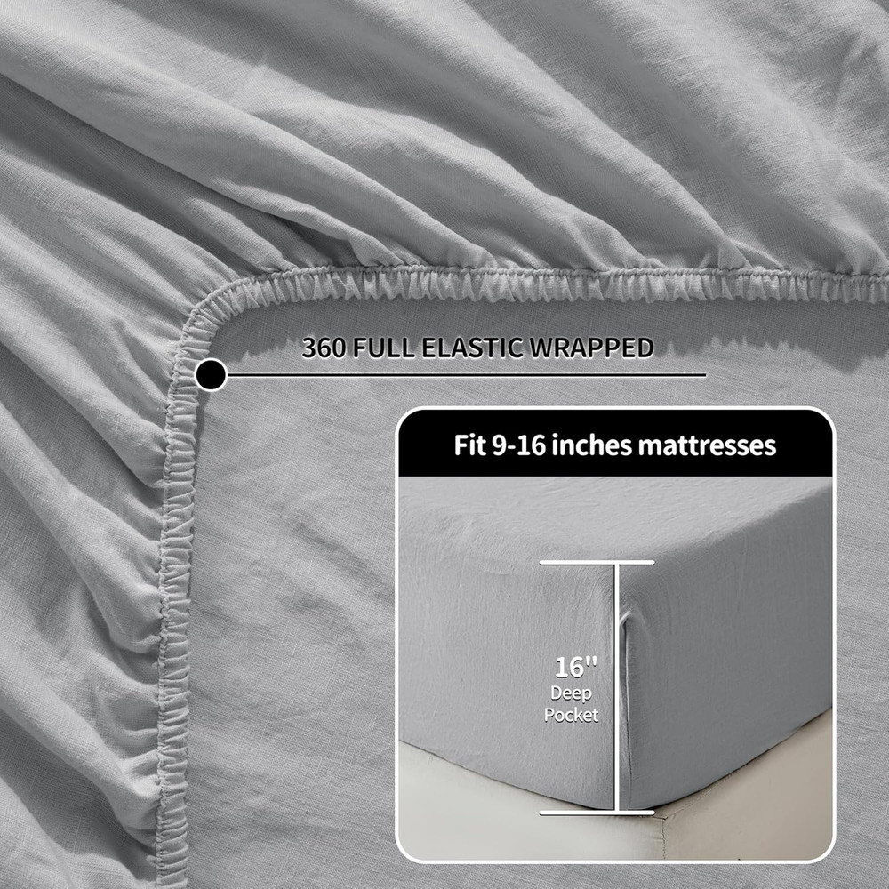 King Size 100% Linen Bed Sheet Set - Soft, Breathable, Deep Pocket - Grey
