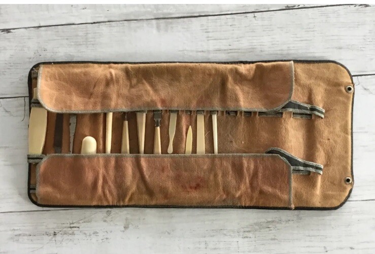 Antique CELLULOID MANICURE SET Lined Original Leather Case 12 PCs Plus Case