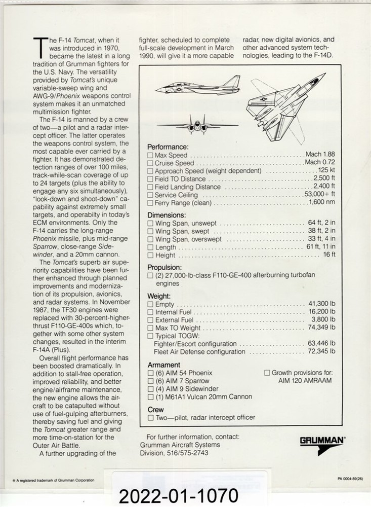 1990 Grumman F-14A (Plus) Tomcat Original Specification Sheet Lithograph Print