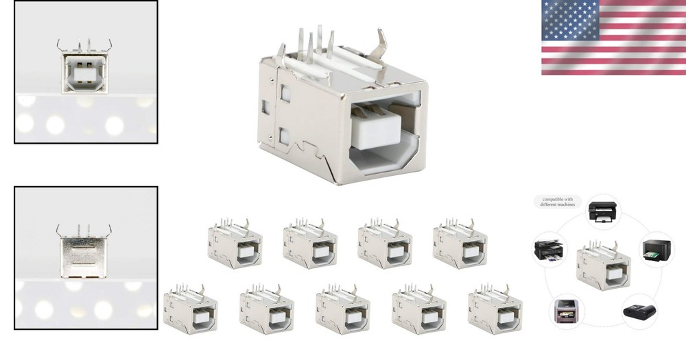 USB B Connector Socket 4-Pin Right Angle DIP Jack - 10 Pack for All Devices