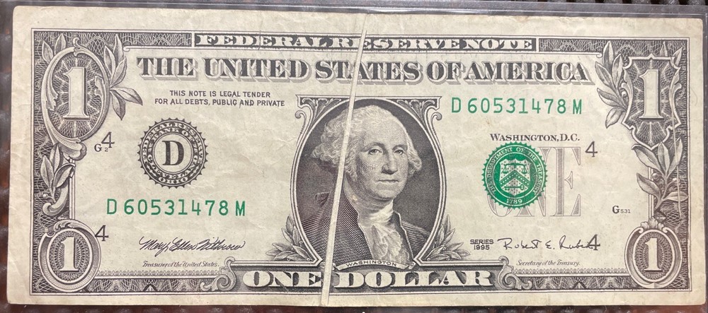 1995 $1 Dollar Bill Gutter Fold Missing Inking Error Down The Center