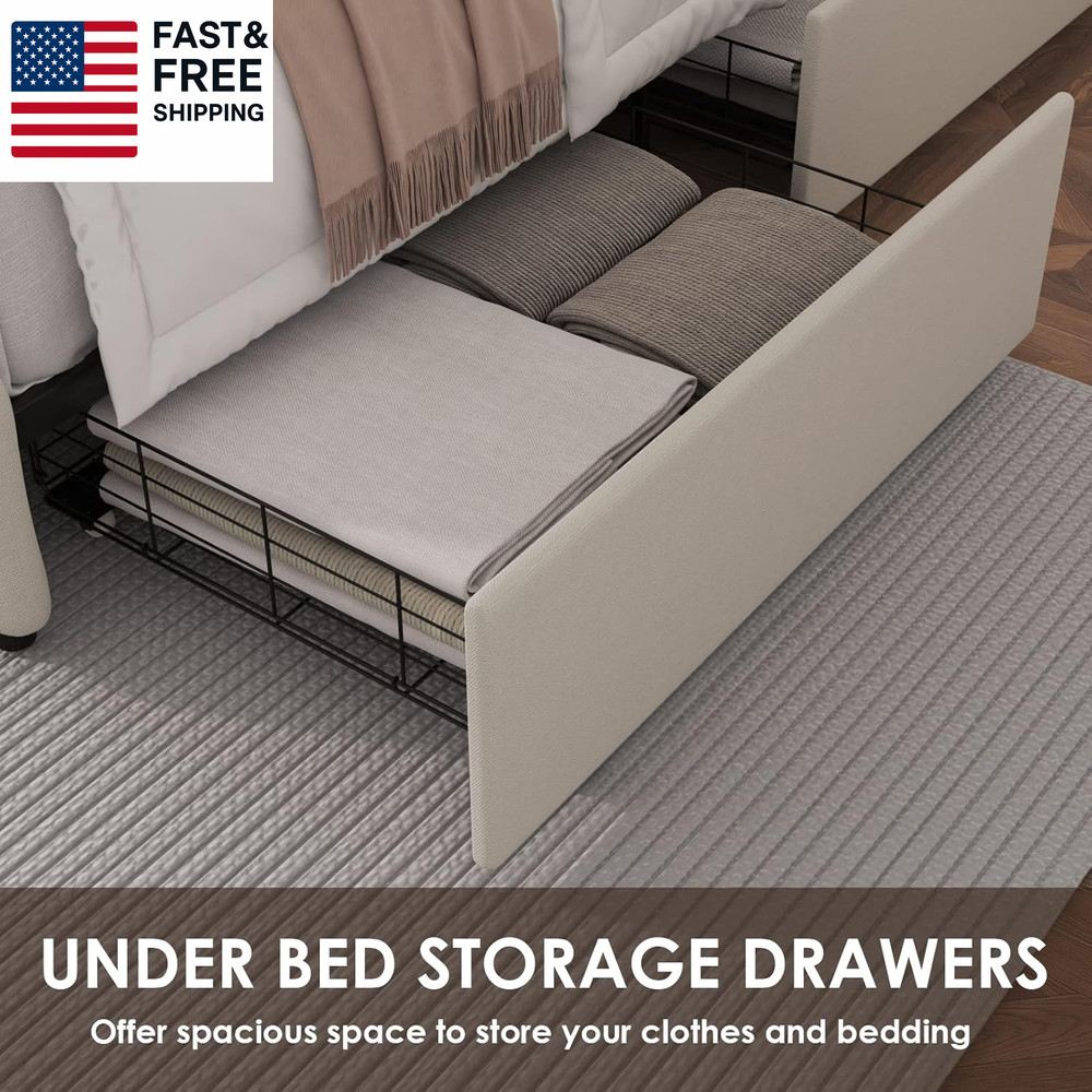 Queen Bed Frame with 4 Storage Drawers and Adjustable Headboard, Upholstered Pla