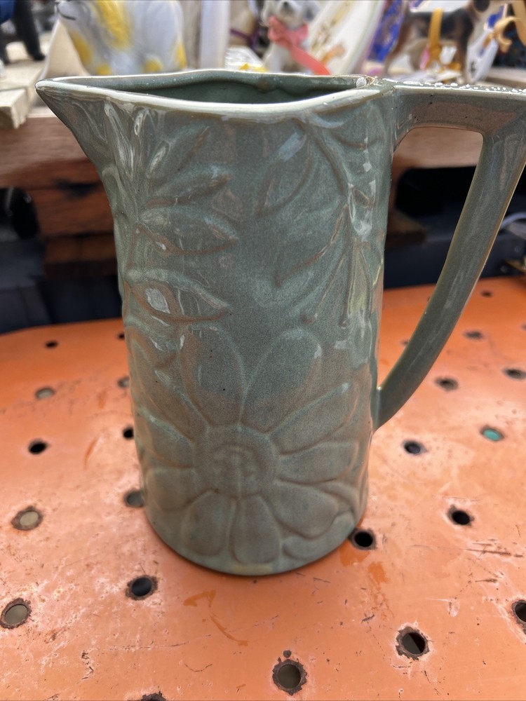 7.5” Home Interiors Green Ceramic Pitcher.