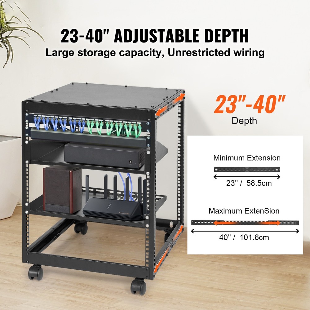 12U Open Frame Server Rack, Adjustable Depth, Free Standing Or Wall Mount