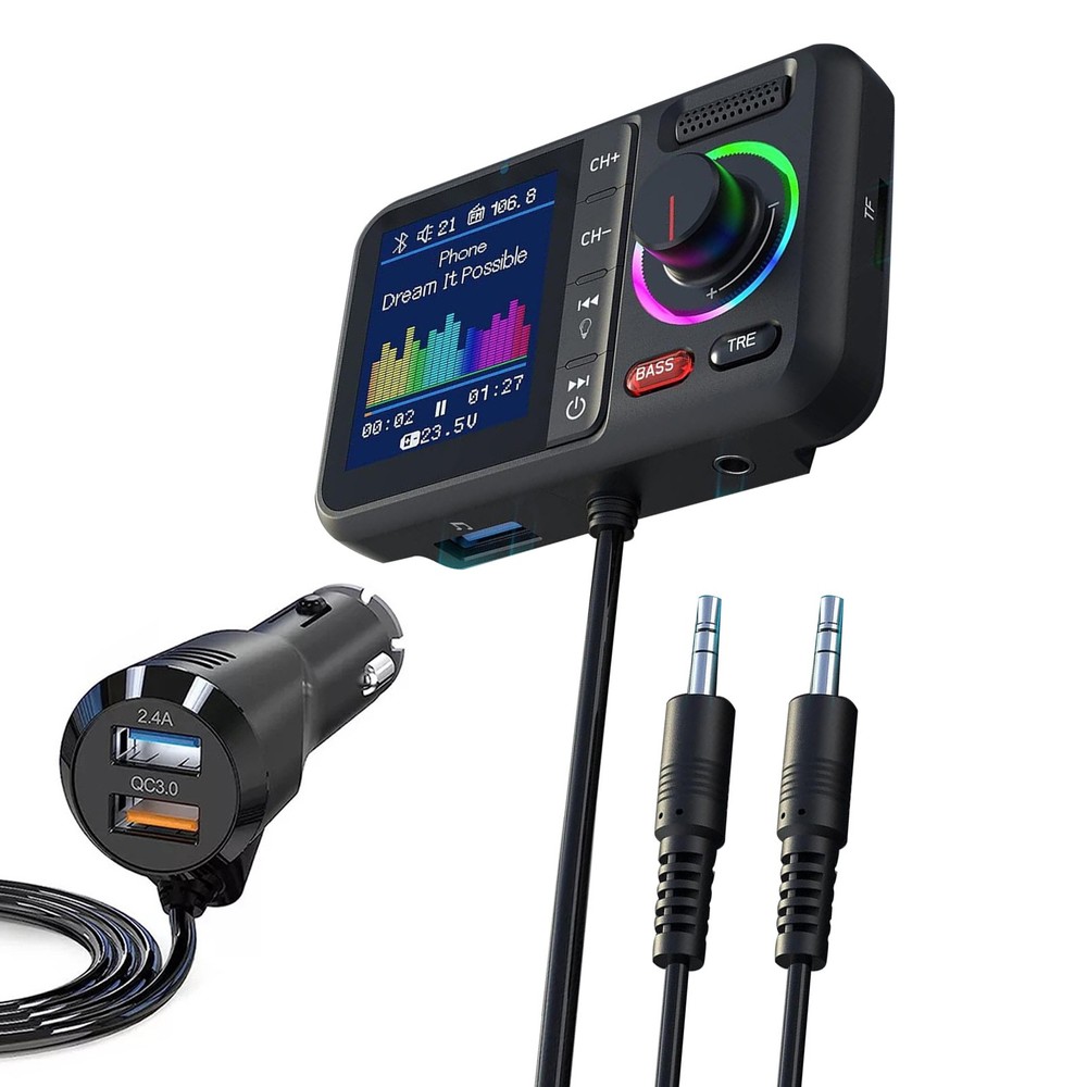 ABS Bluetooth 5.0 Car Wireless FM Transmitter Adapter 2USB PD Charger AUX