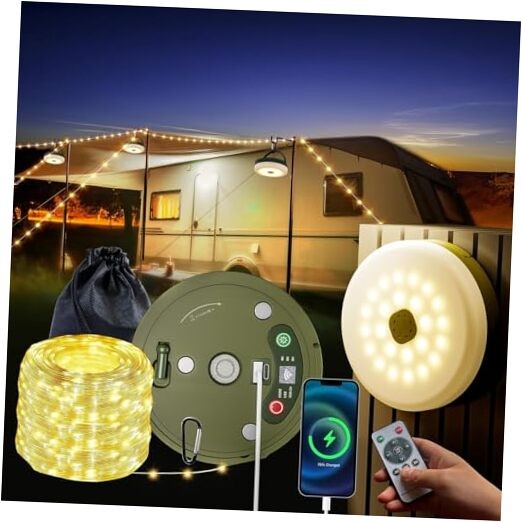 Upgraded Outdoor Retractable Camping Lights String, 33FT Camp String Yellow