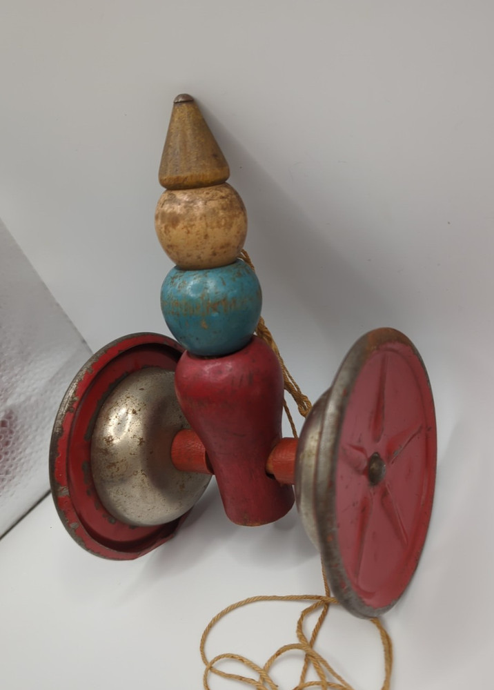 Antique Wooden Pull Toy Steel Wheels Ring When Pulled