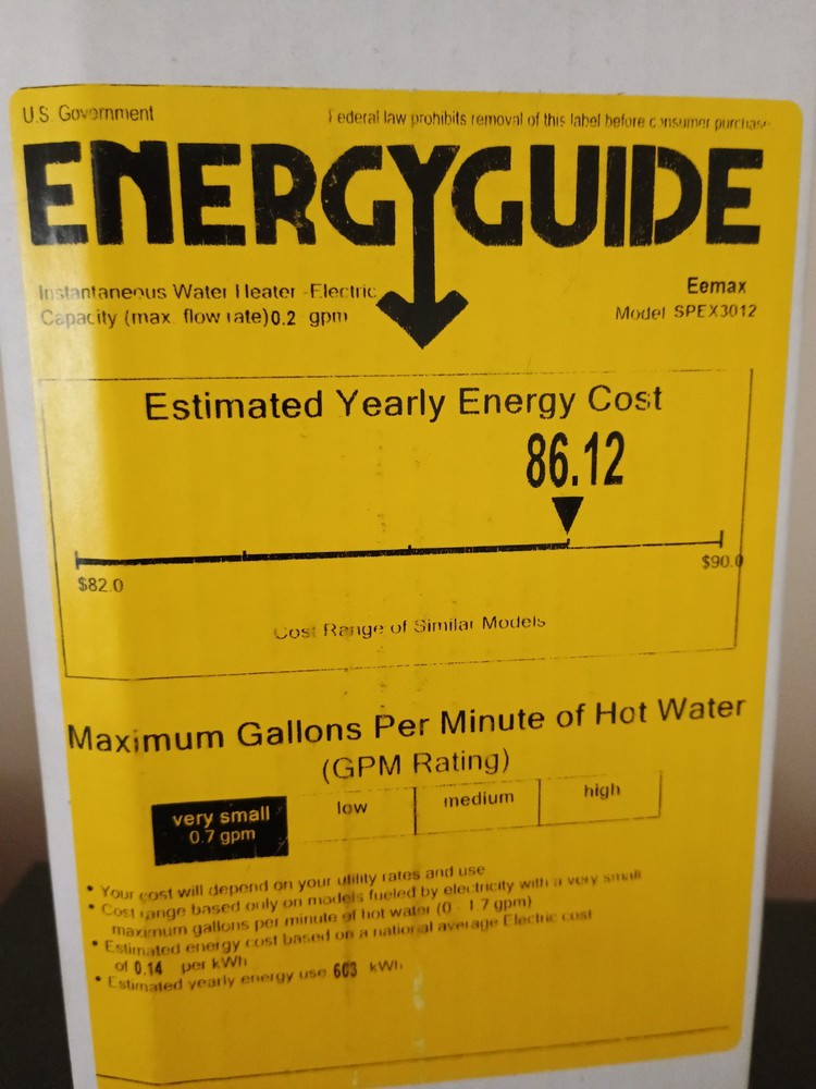 EEMAX SPEX3012 FLOW CO. ELECTRIC TANKLESS WATER HEATER 3.0KW @ 120V