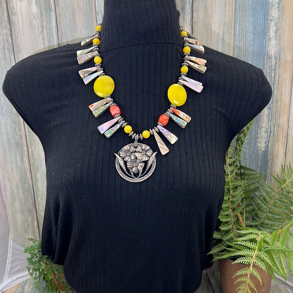 Adorned Crown Artisan Assemblage abalone shell stone floral pendant necklace
