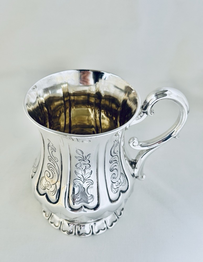 Antique Victorian Solid Sterling Silver Mug Scroll Handle Sheffield 1850