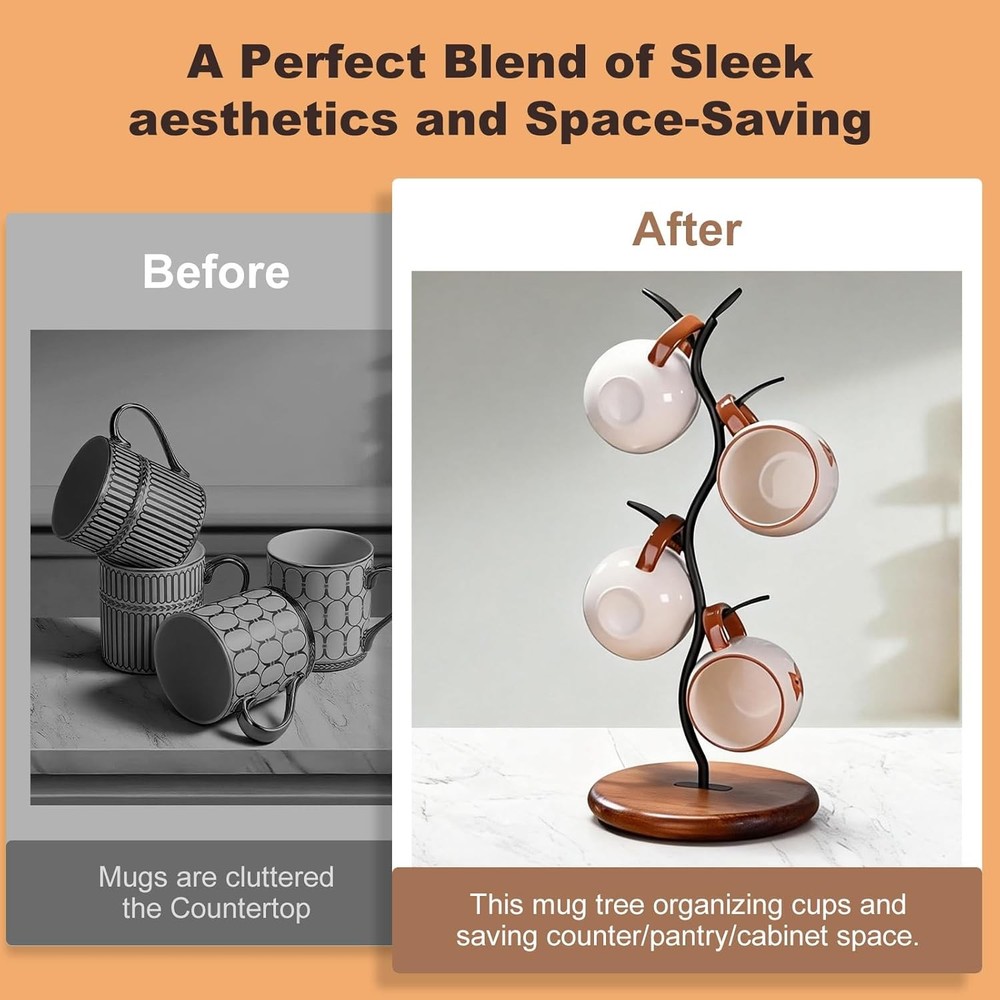 Mug Tree Holder Bronze Metal Leaf Branch & Solid Wood Base Mug Holders