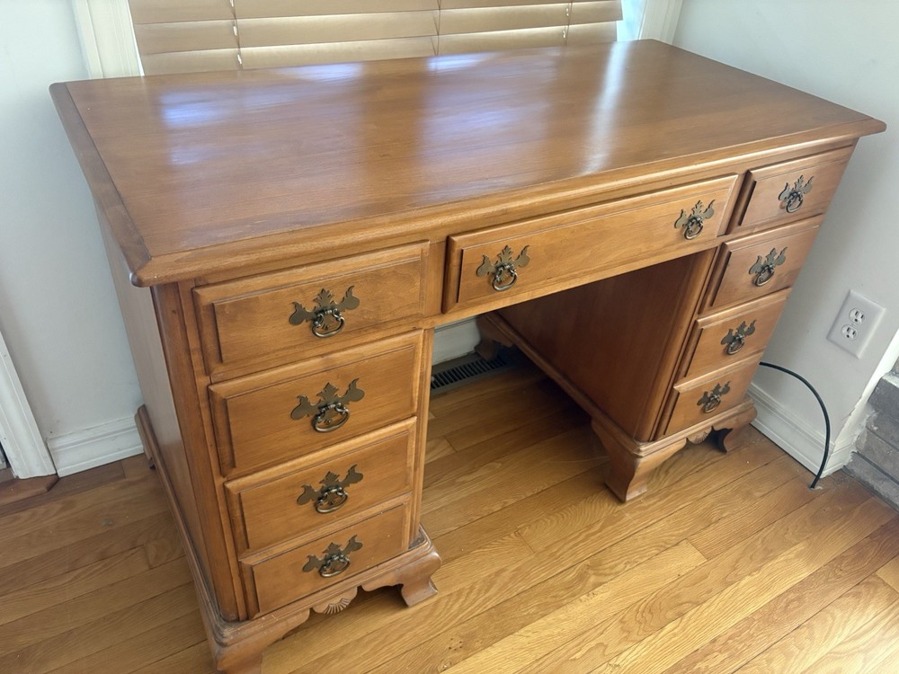 Kling Vintage Solid Maple Wood Carved Pedestal Desk Brass Pulls Marshall Fields