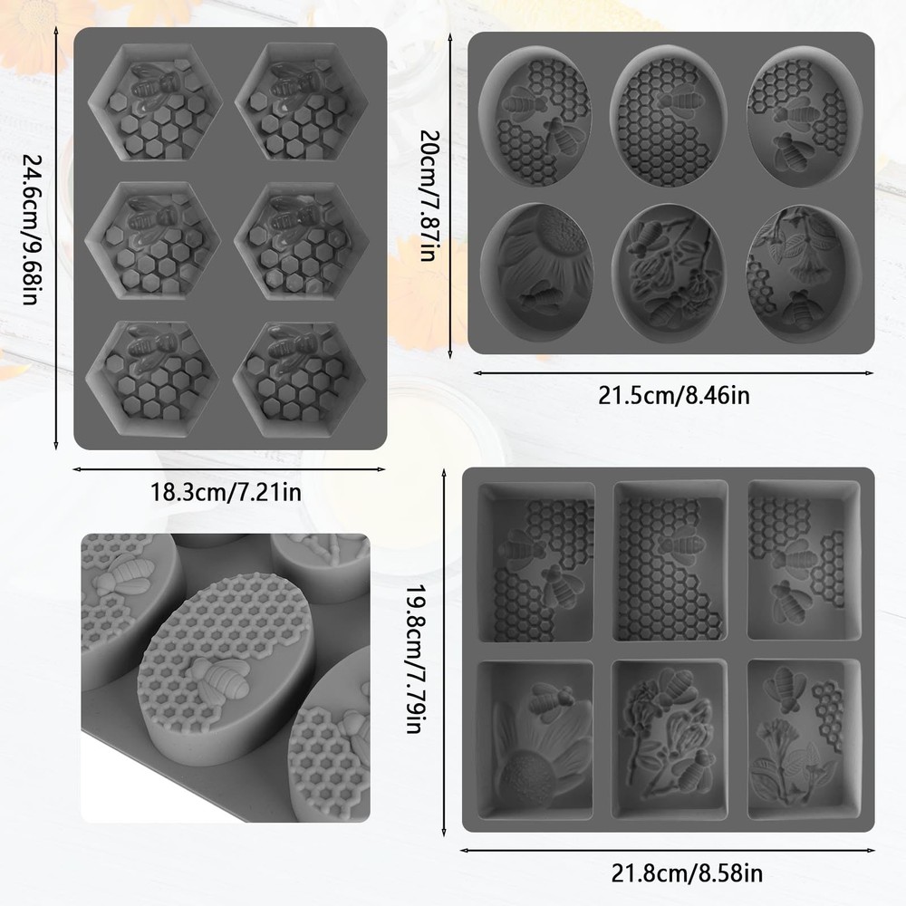 (More Styles Optional) 3 Pack Bee Soap Silicone Molds Set, Oval, Rectangular ...