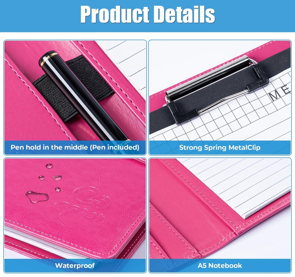 Agoer A5 Clipboard Folder Padfolio Portfolio,Leather Storage Pink