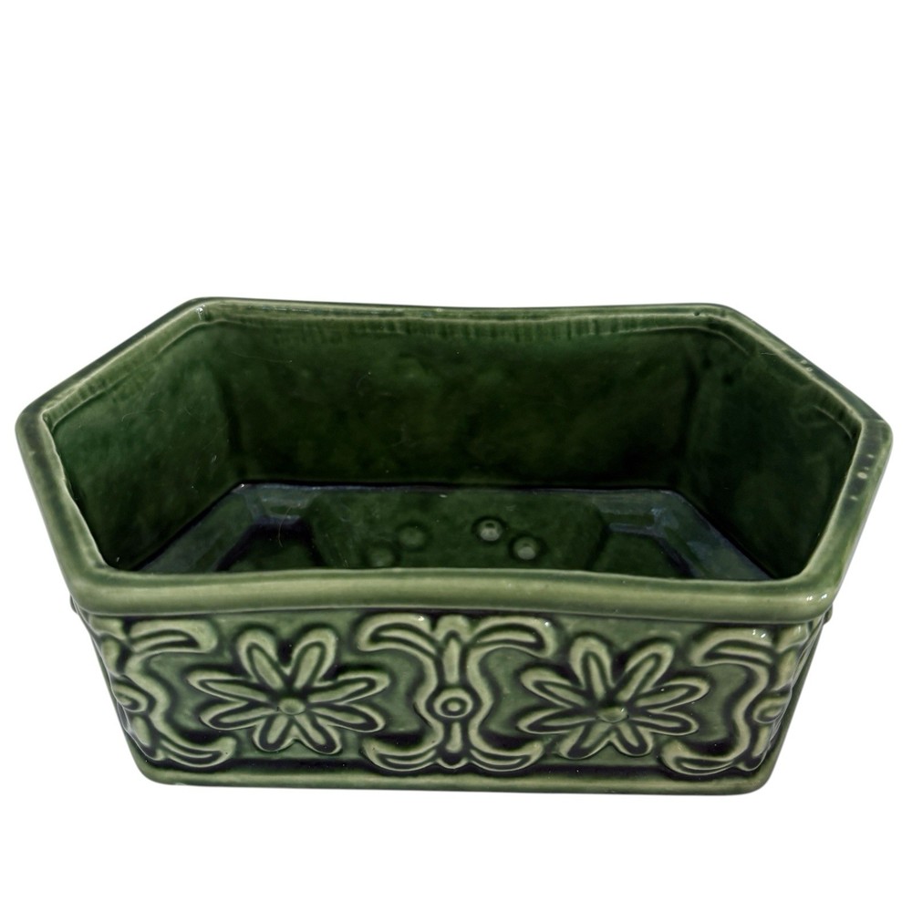 Vintage American Bisque Green Footed Rectangular Planter Floral Scroll 8.75 in