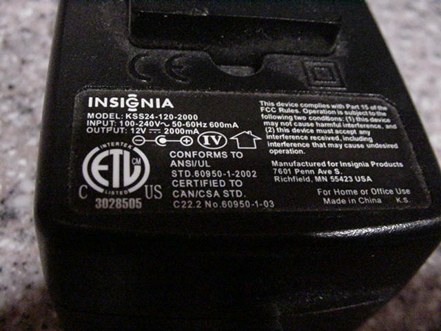 Insignia Adapter model: KSS24-120-2000 12V 2A