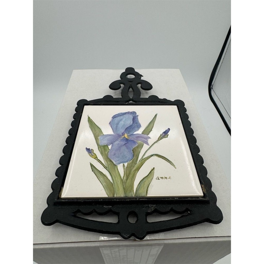 Vintage Hand-Painted Ceramic Trivet Blue Iris Design Kitchen Decor KS