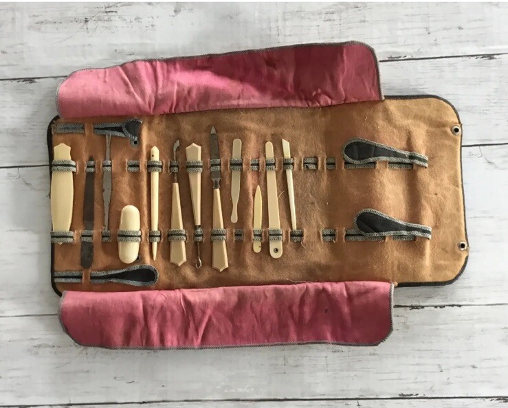 Antique CELLULOID MANICURE SET Lined Original Leather Case 12 PCs Plus Case