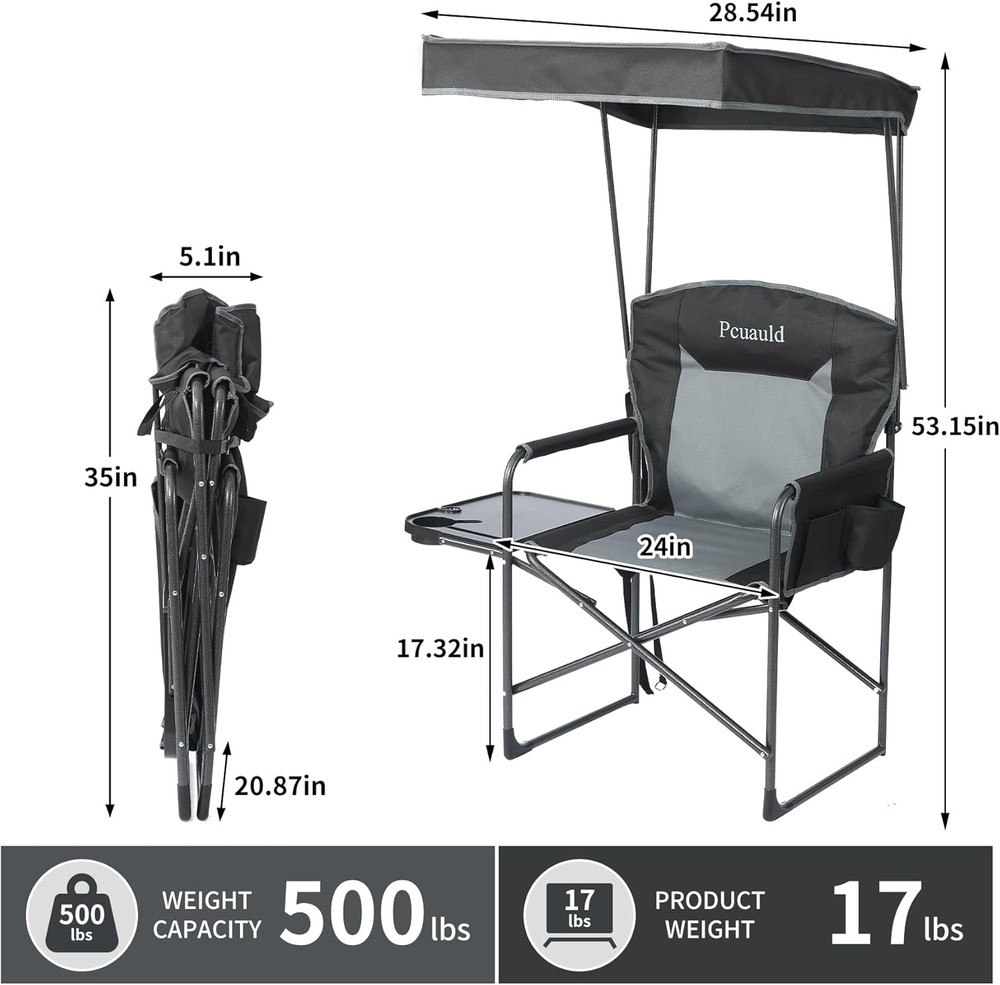Oversized Camping Chairs with Canopy Foldable Directors Chair with Side Table &
