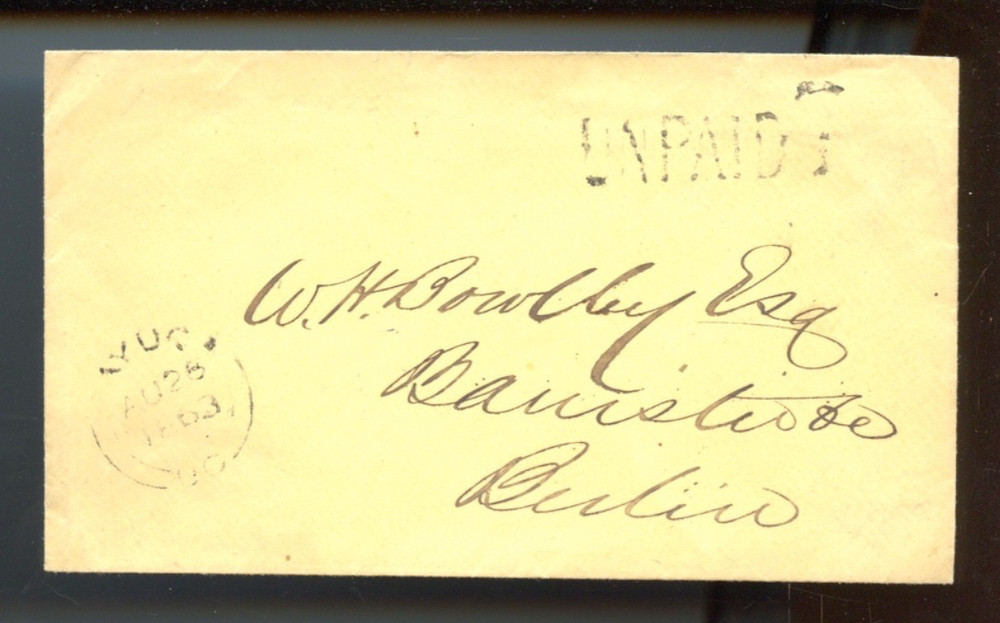 🍁 CAYUGA, U.C. 1863 double split ring UNPAID 7, Stampless Canada cover
