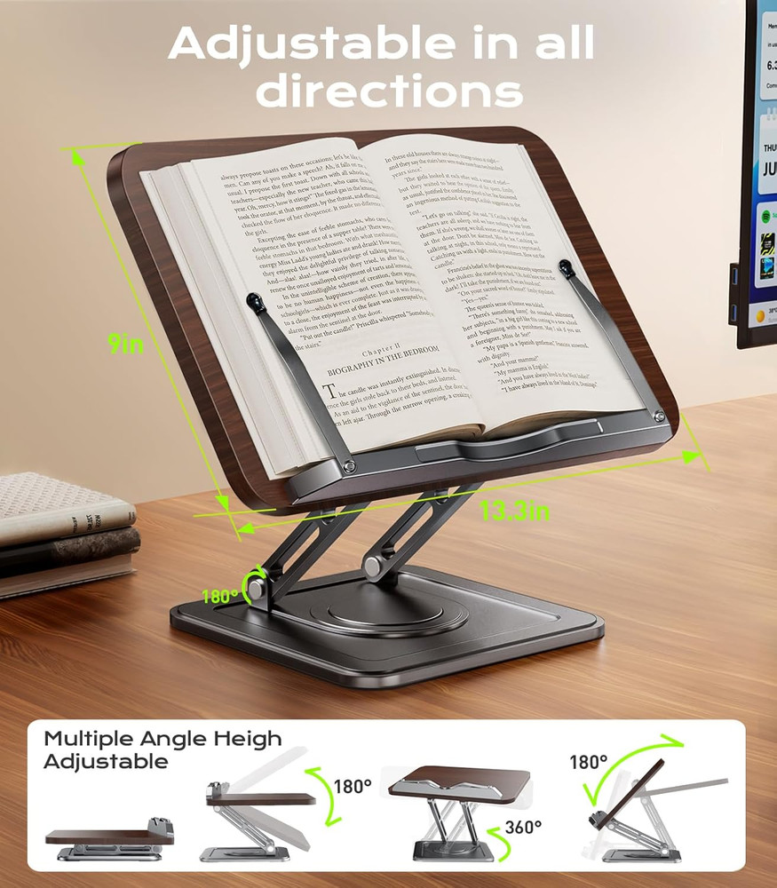 Adjustable Book Stand for Reading 360 Rotating Base Black for Tablets