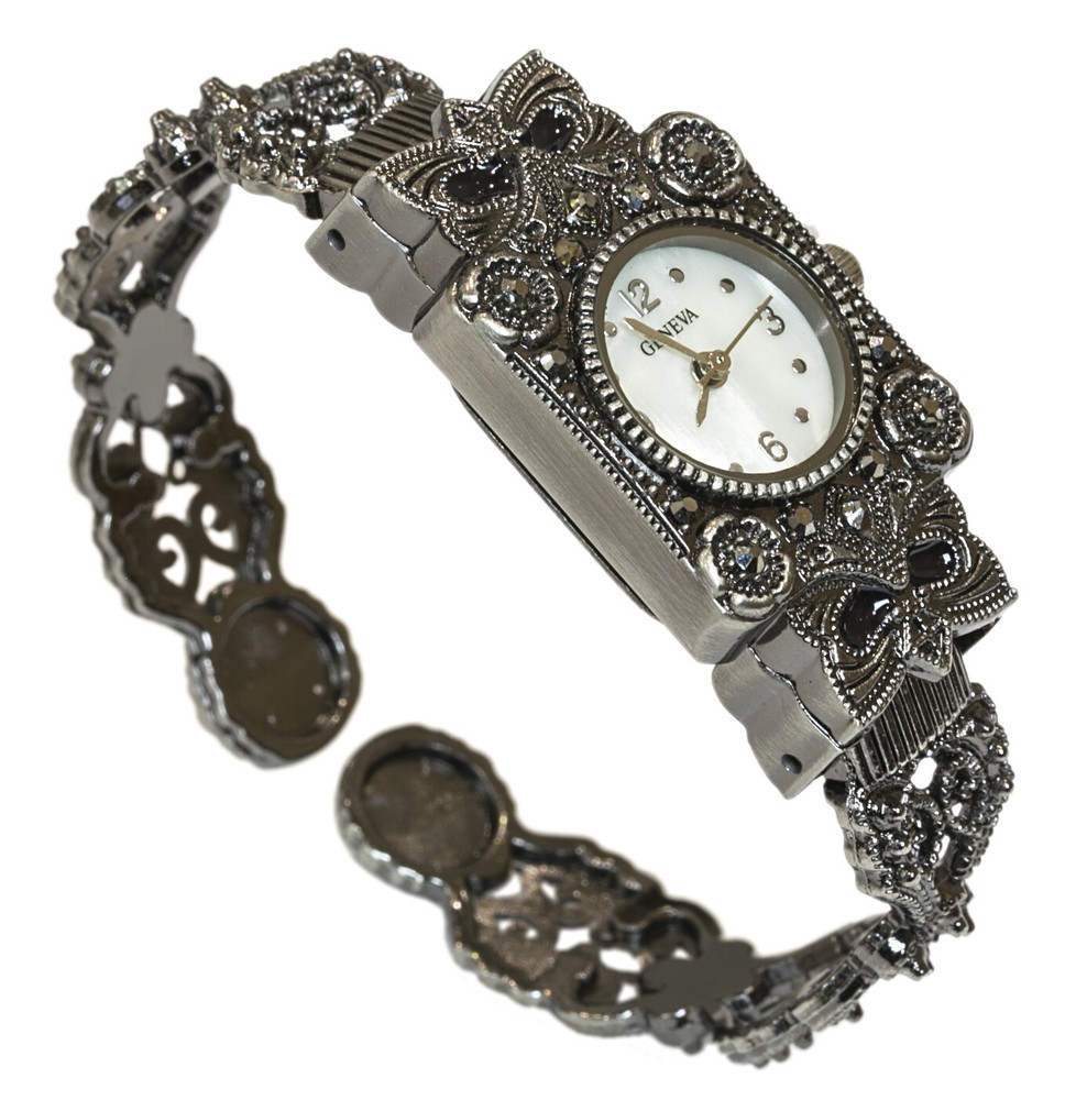 Blekon Collections Women's Antique Rectangular Case Marcasite Bangle Cuff Watch