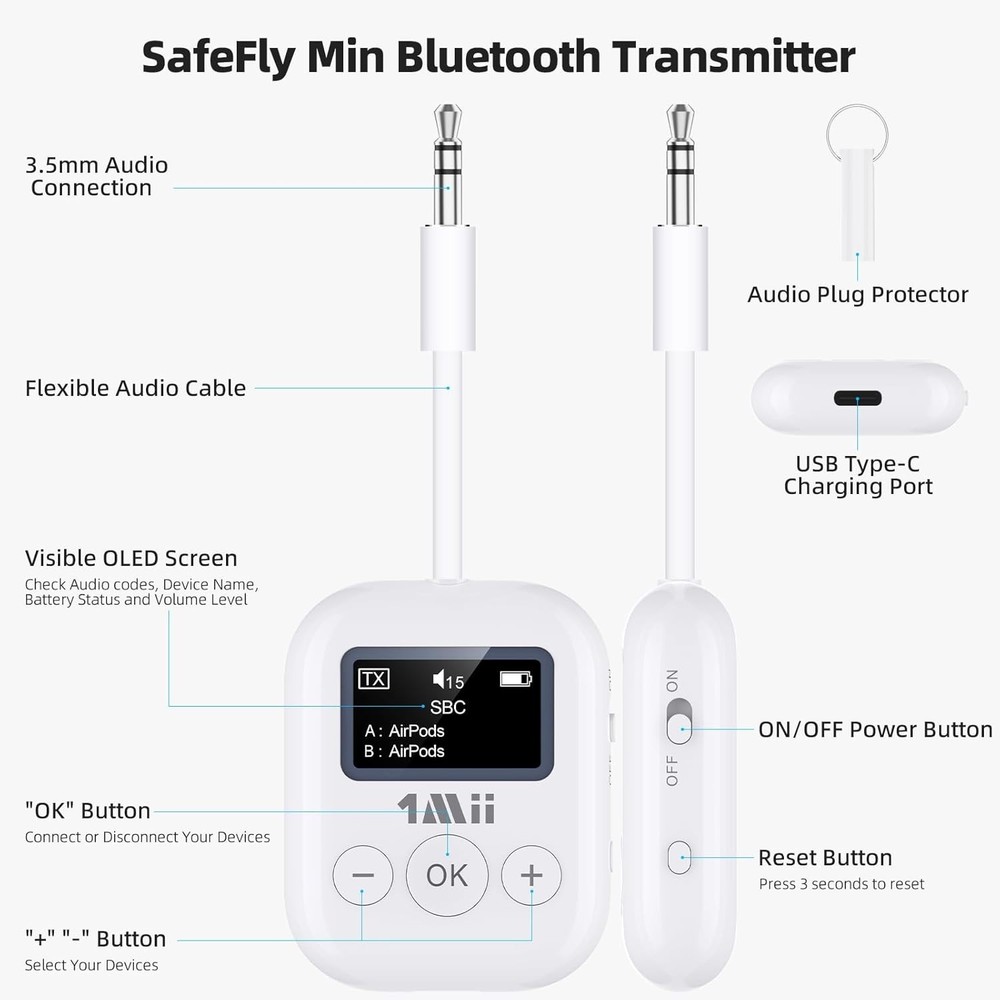 SafeFly Min 3.5mm Bluetooth Transmitter - Dual Device Connection, 25 Hours Use