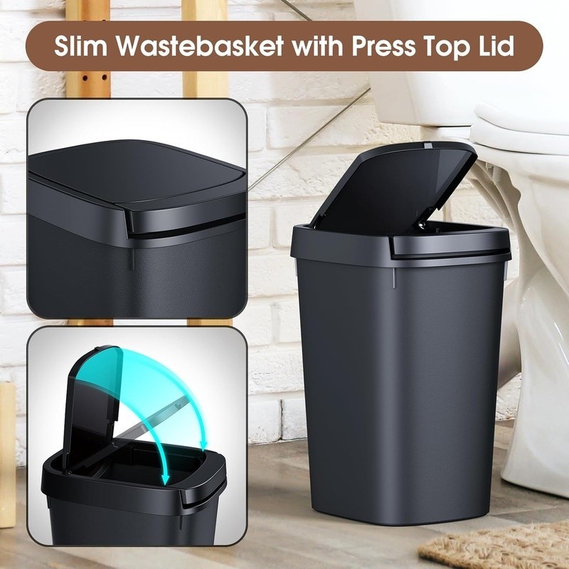 Compact Press Top Trash Can Odor Control Rectangular Wastebasket Indoor Use