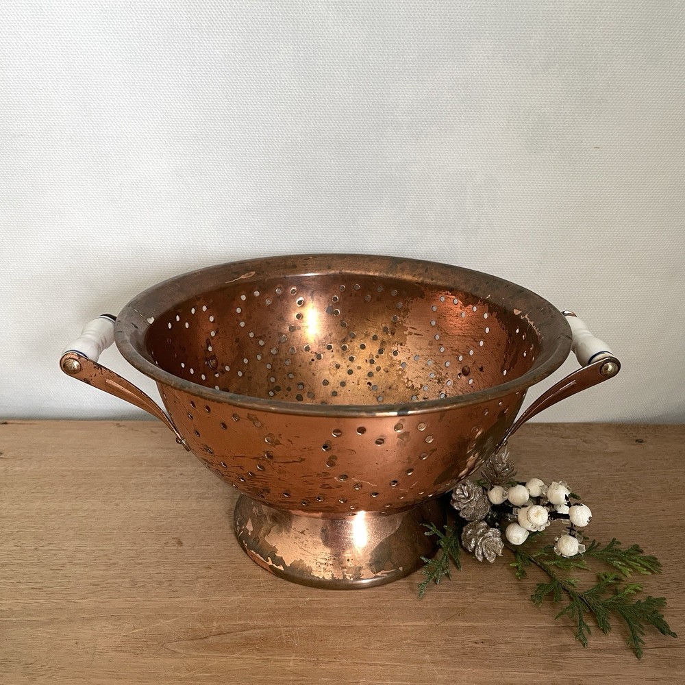 Vintage Copper Colander Strainer Bowl Ceramic Handles