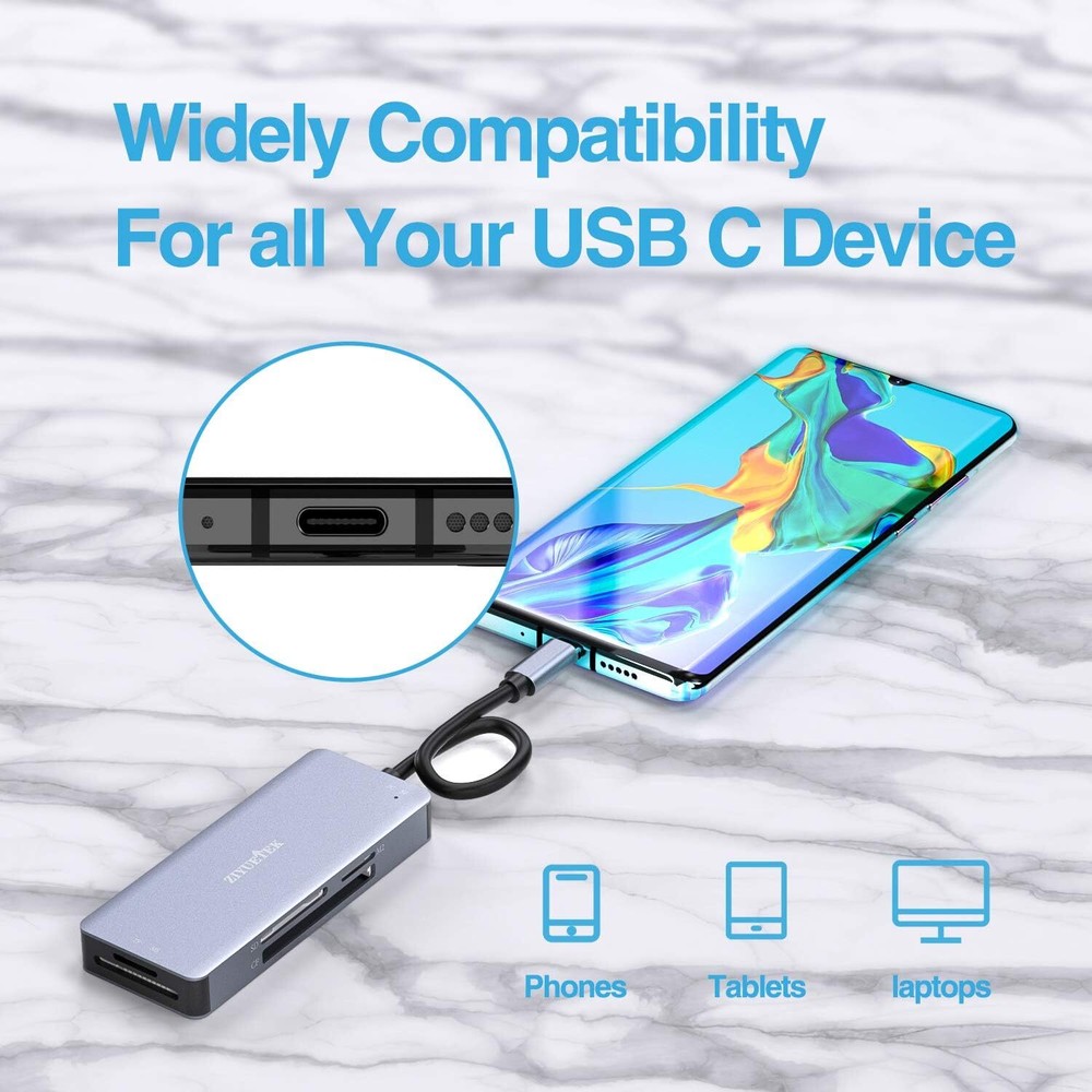 USB C SD Card Reader,5- in-1 Aluminum Thunderbolt 3 Memory TYPE-C, GREY
