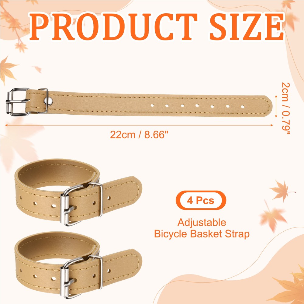 4 Pcs Adjustable Leather Bicycle Basket Strap, Light Brown