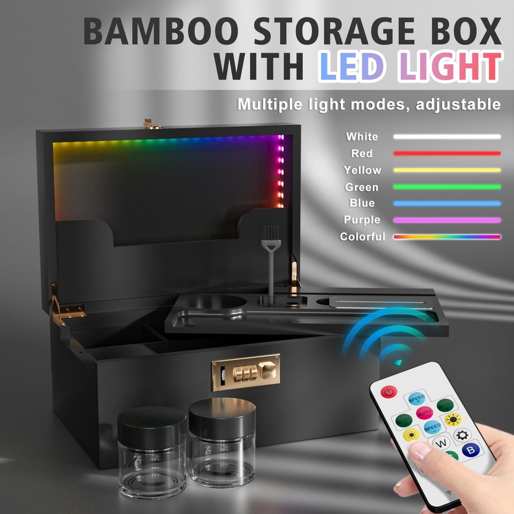 Bamboo Storage Box With Colored LED Lights - 358 Kinds Cool Light Effects, Pr...