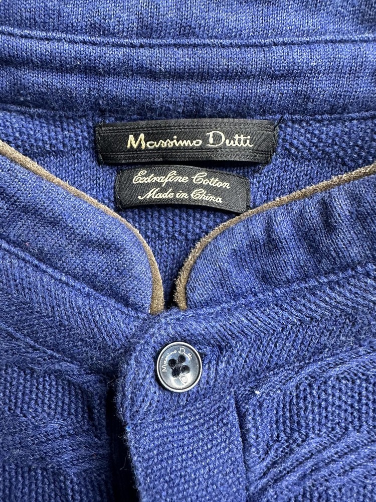 Massimo Dutti Sweater Mens Medium Blue Cotton Textured Pullover Button Collar