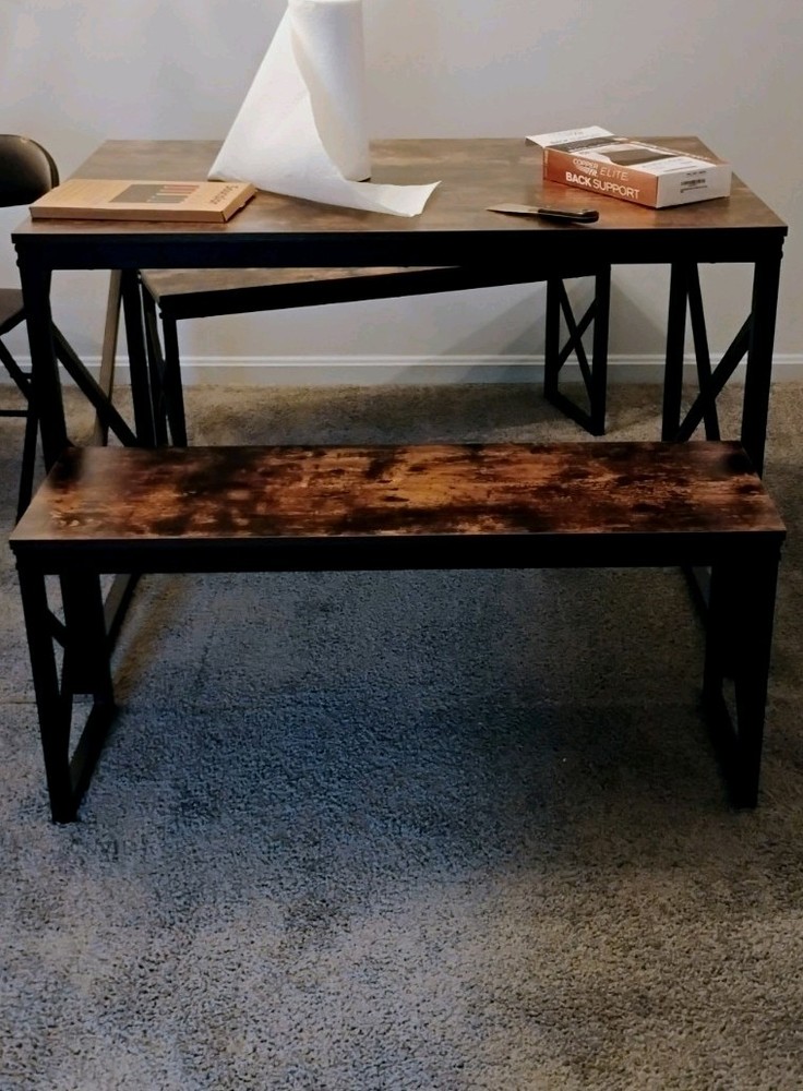 Wood and Metal Dining Table Set, Rectangular, Brown/Black, Bench & Chair, Modern