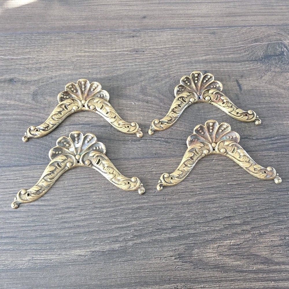 Vintage Solid Brass Ornate Hardware Set 4 Floral Shell Decorative Pieces