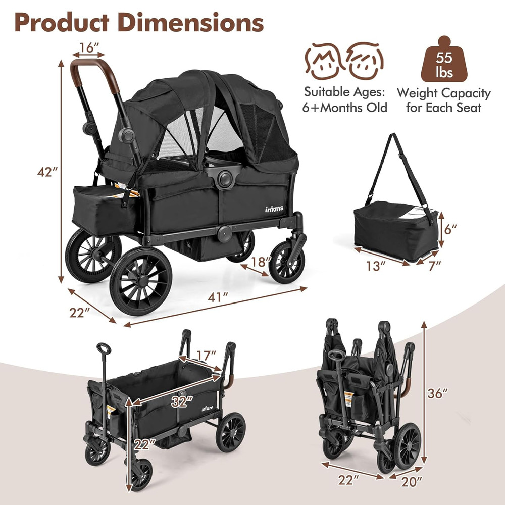 Wagon Stroller for 2 Kids, Collapsible Adjustable Push Pull Handle Bar, 2 Seater