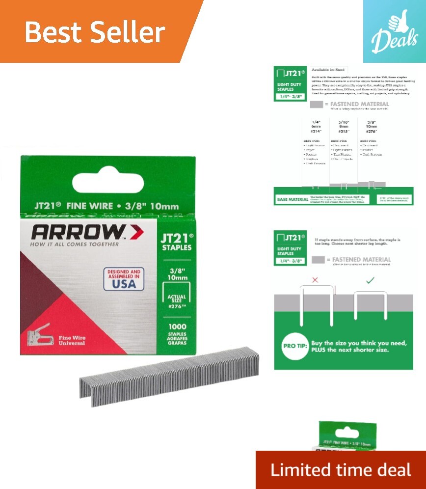 Arrow JT21 Thin Wire Staples - Versatile, Durable, 3/8-Inch Leg, 1000-Pack