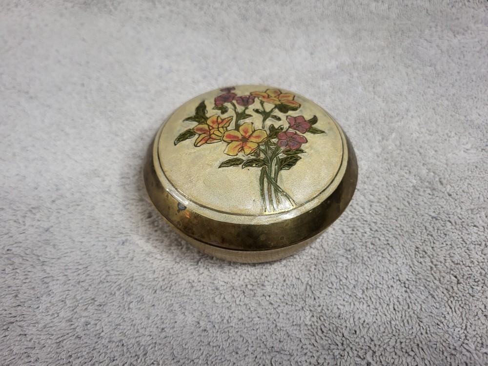 Vintage Solid Brass & Enameled Flower Pattern Trinket Dish 4" Diameter