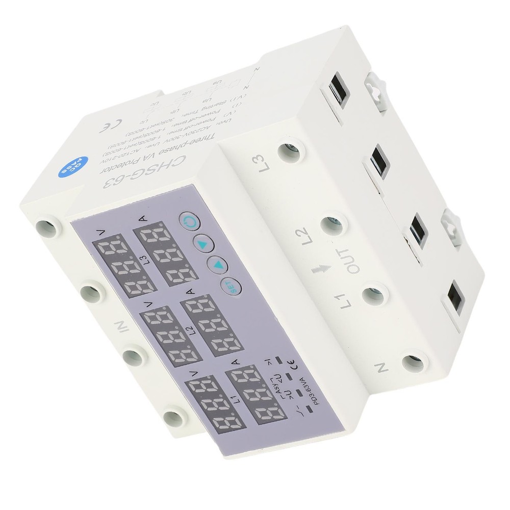 63A 3 Phase DIN Rail Voltmeter Ammeter Auto Overvoltage Overcurrent Protector AC