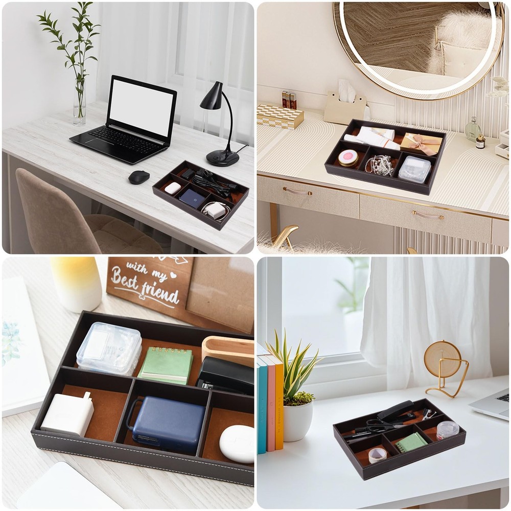 2 Pcs Desk Drawer Organizer 4 Grid PU Leather Drawer Storage Organizer Multi-...
