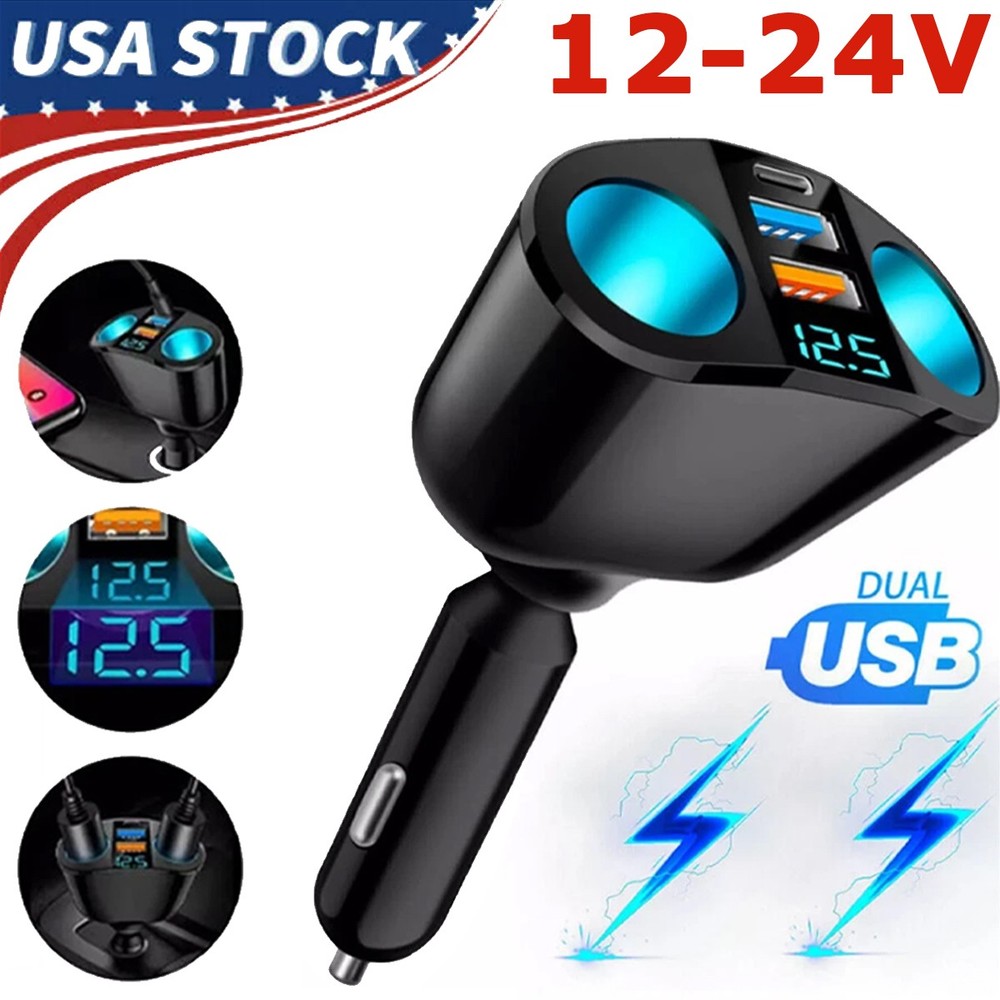 Outlet 12V Dual USB Car Cigarette Lighter Socket Splitter Power Adapter Charger