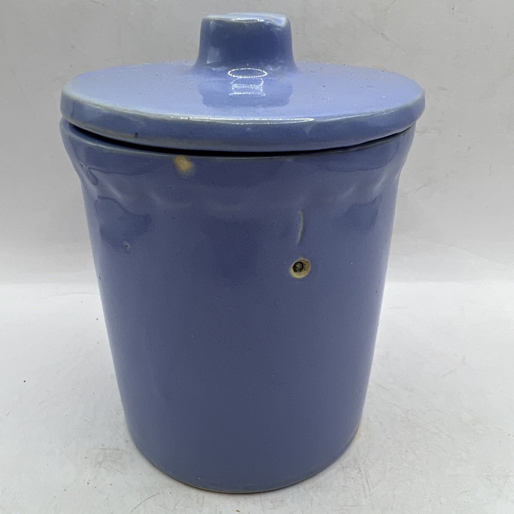 Vintage Light Blue Small 4" Stoneware Cheese Crock With Lid