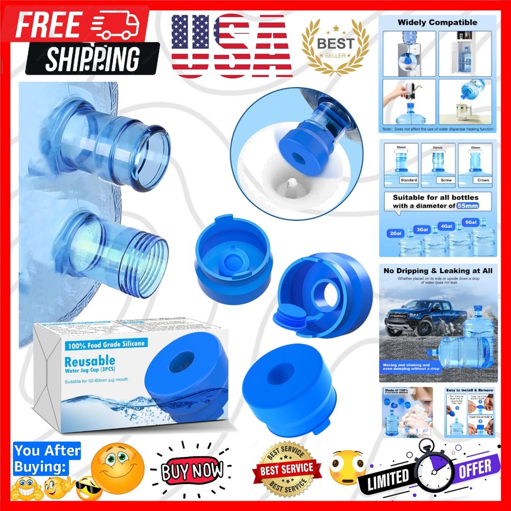 3 & 5 Gallon Water Jug Cap, 3 Pack Reusable Food Grade Silicone Replacement C...